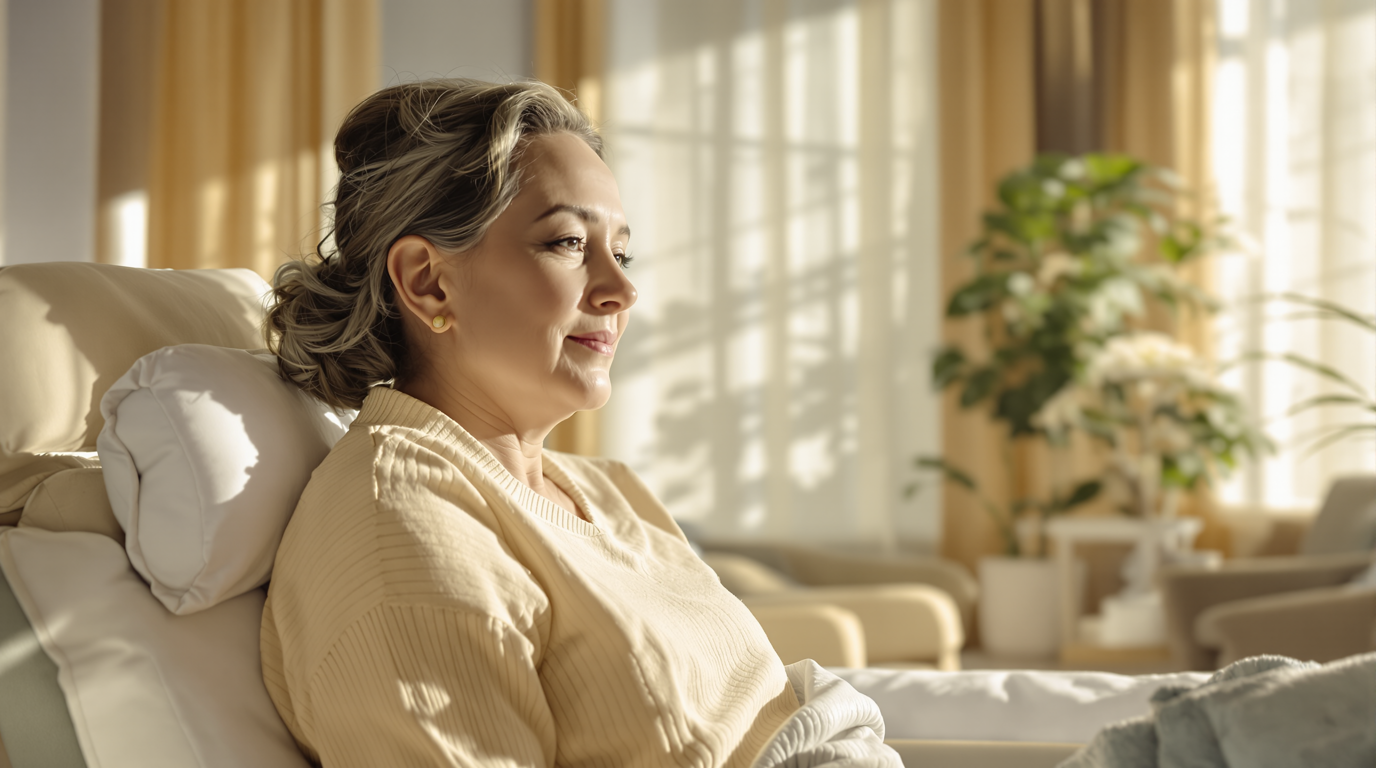 Therapy room with soft chairs, warm lamps, and plants