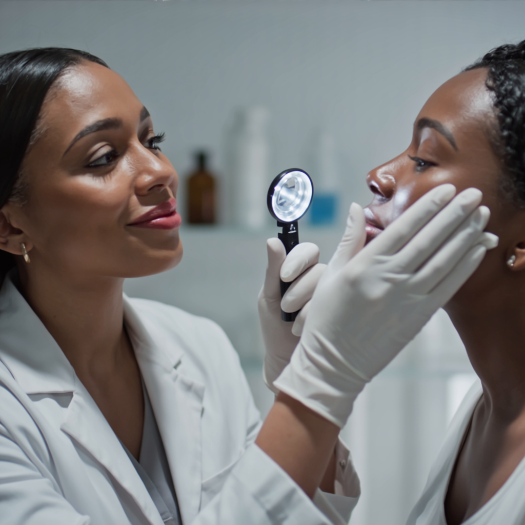 Dermatologist examining a patient's skin